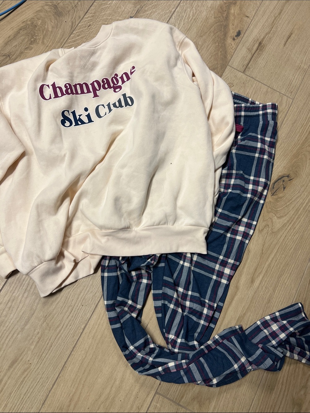 Wildfox Cream 'Champagne Ski Club' Sweatshirt with Navy Plaid Pajama Pants